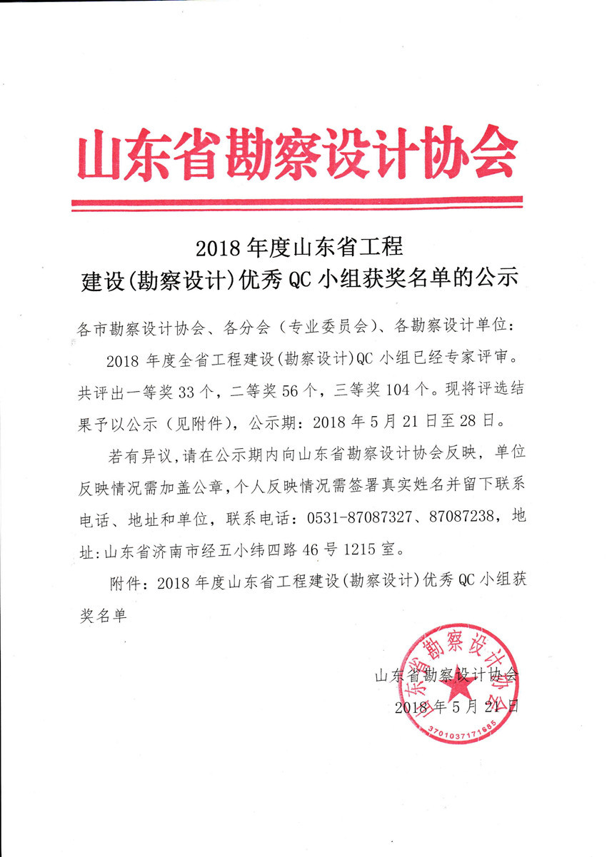 2018年度山东省工程 建设(勘察设计)优秀QC小组获奖名单的公示