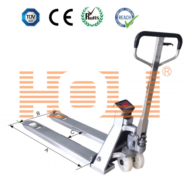 适用于木托盘的HPS-BSS全不锈钢液压托盘秤，仓储物流，易拉易转向，IP68防水称重秤
