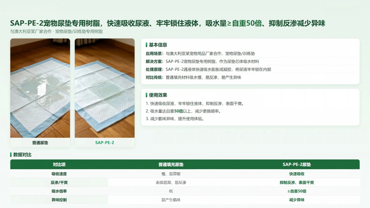 SAP-PE-2宠物尿垫专用树脂，快速吸收尿液、牢牢锁住液体，吸水量≥自重50倍、抑制反渗减少异味