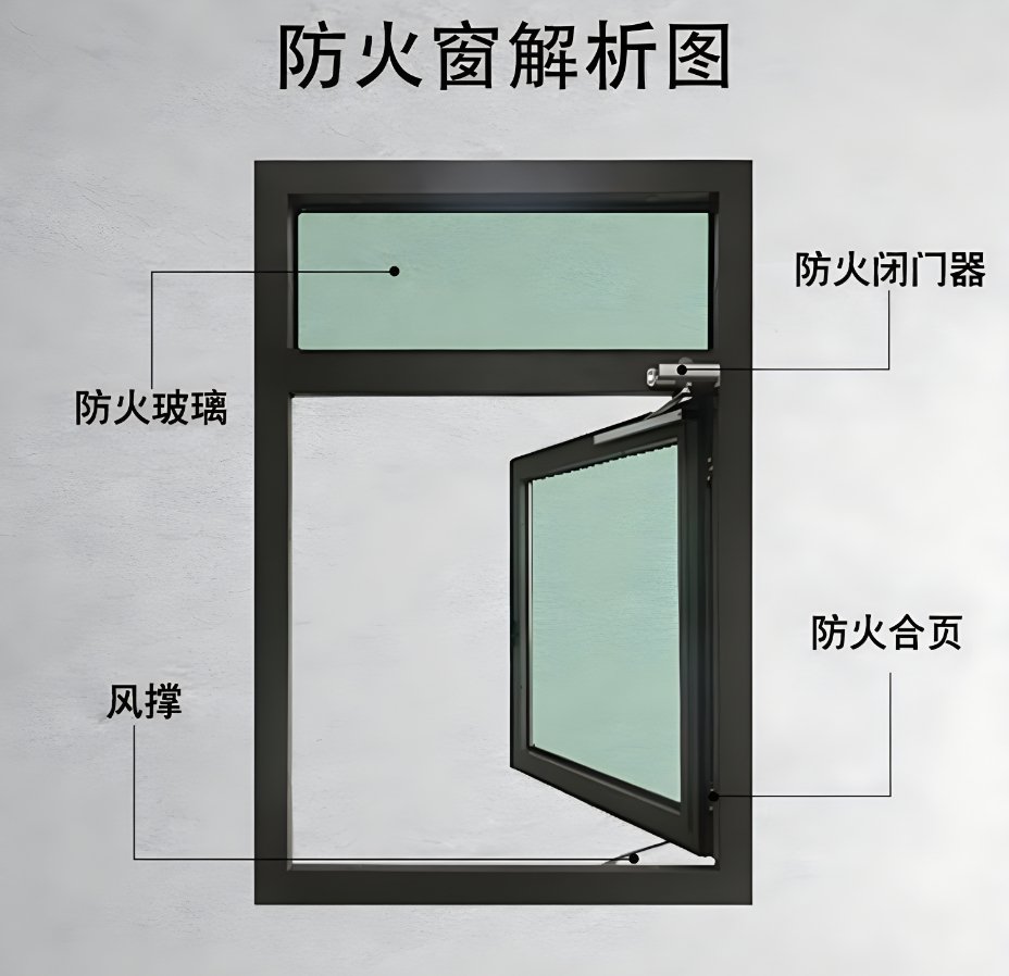 防火窗结构图解:防火玻璃、防火闭门器、防火合页、风撑