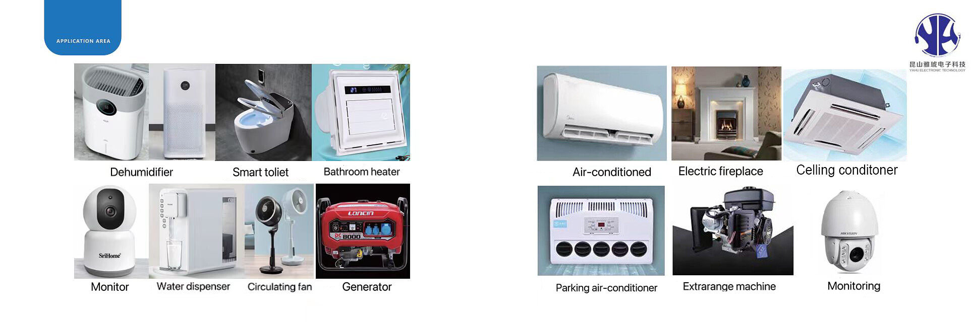 BYJ stepper motor is used to Dehumidifier , Smart toliet ,Bathroom heater , Air-conditioned ,Electric fireplace, Celling conditoner ,  Monitor ,Water dispenser ,Circulating fan ,Generator, Parking air-conditioner ,Extrarange machine 