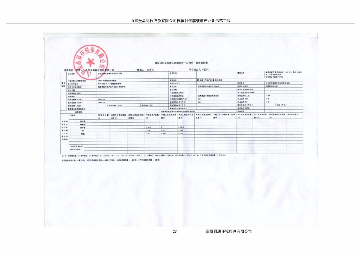 山東金晶科技股份有限公司低輻射鍍膜玻璃環保驗收報告