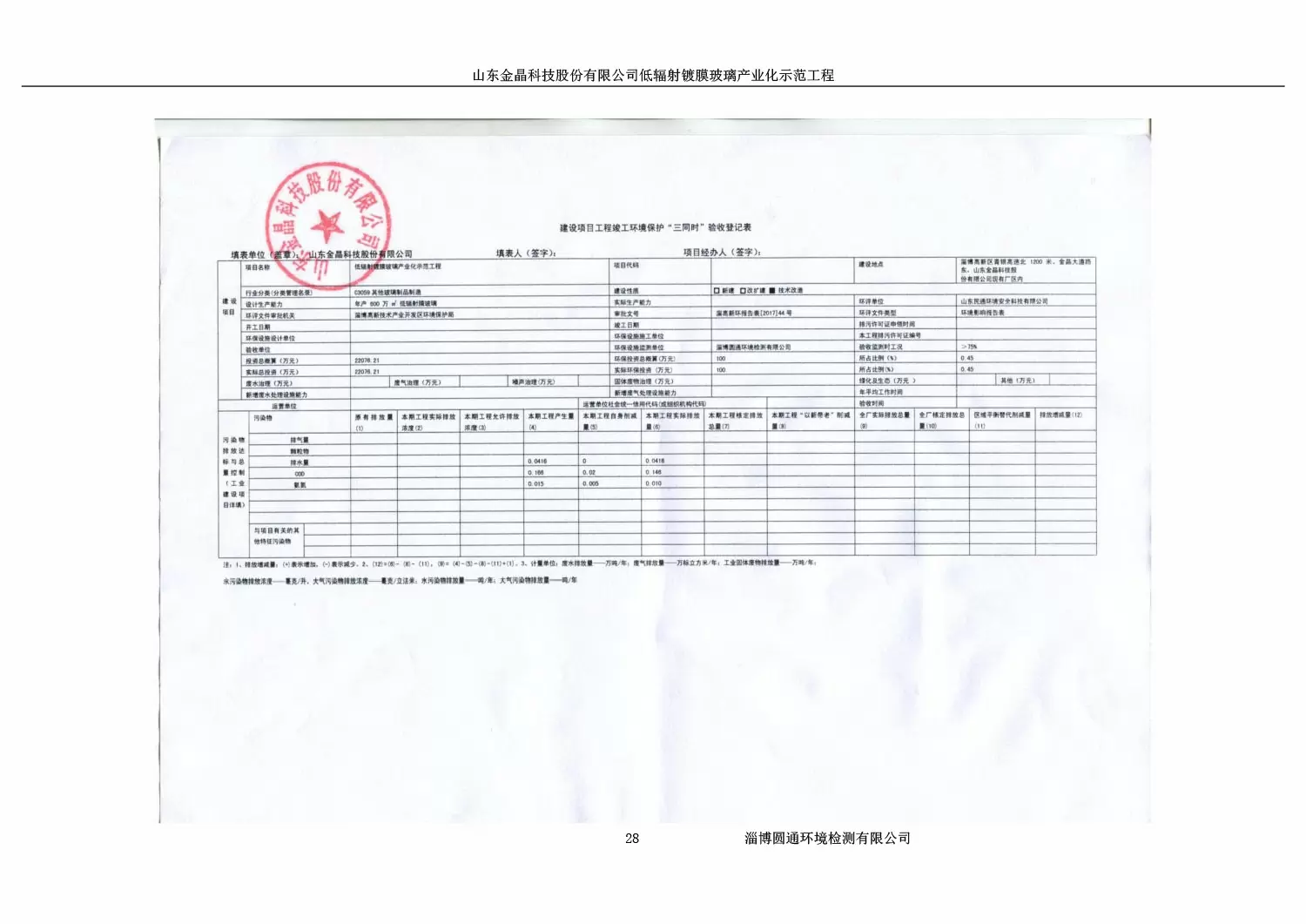 山東金晶科技股份有限公司低輻射鍍膜玻璃環(huán)保驗收報告