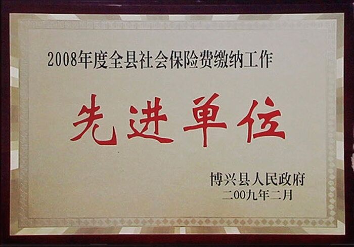 荣获2008年度全县社会保险费缴纳工作