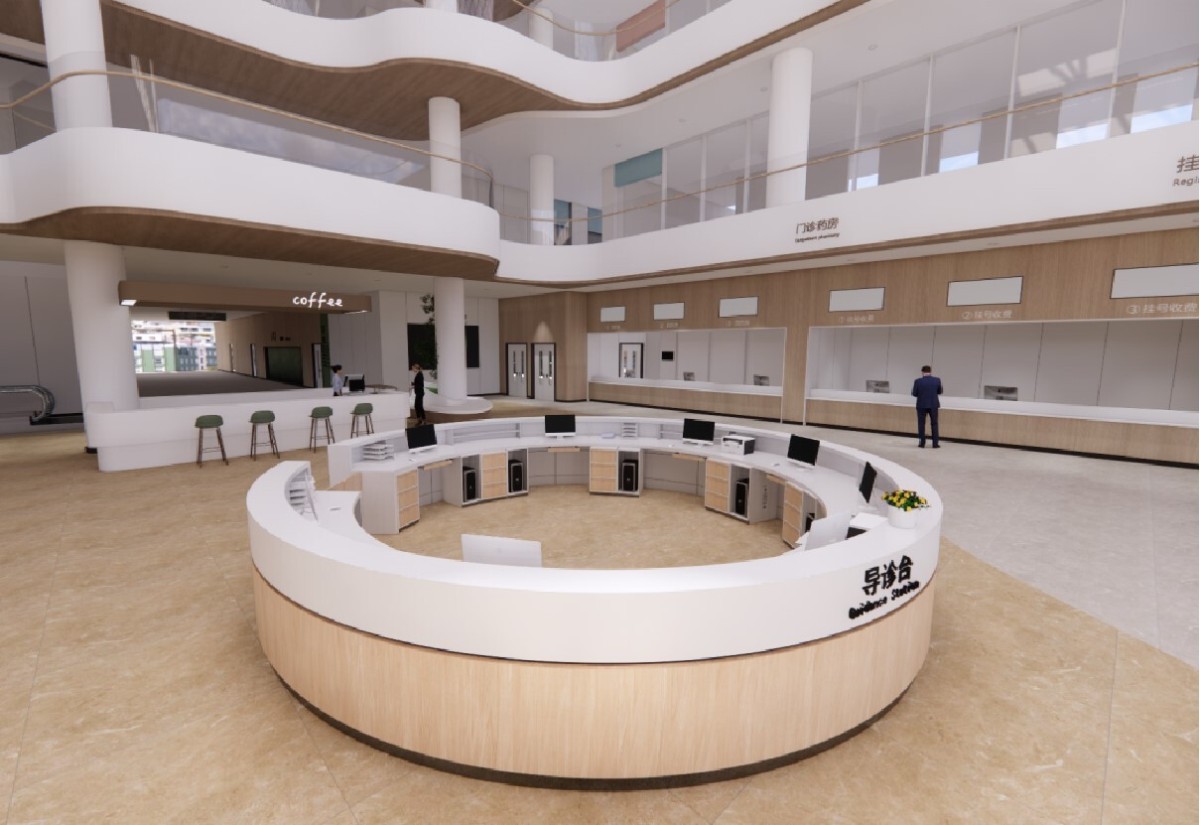 医院门诊大厅的圆形导医台 电解钢站体 人造石台面 木纹转印外围板.jpg 医院门诊大厅的圆形导医台 电解钢站体 人造石台面 木纹转印外围板.jpg