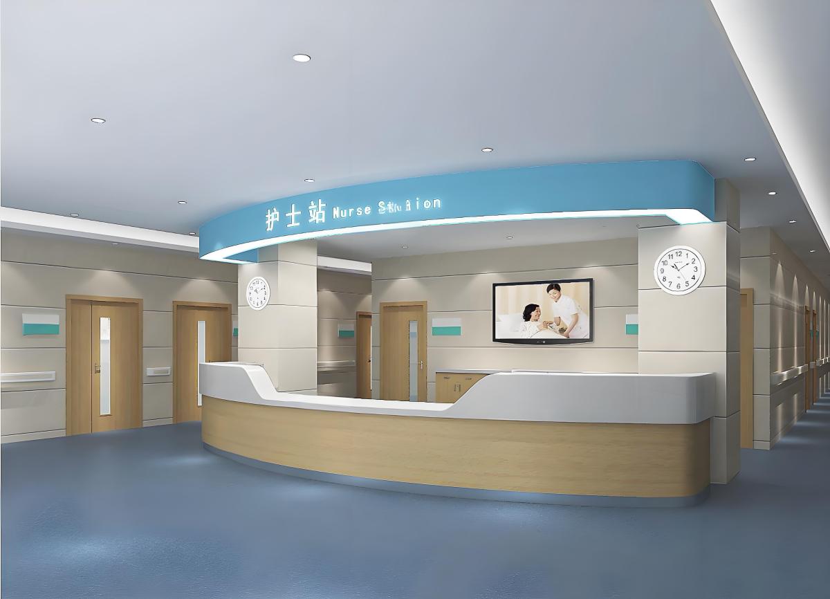医疗家具服务革命-圆弧形住院楼护士站 电解钢木纹转印 白色医用人造石台面 护士站