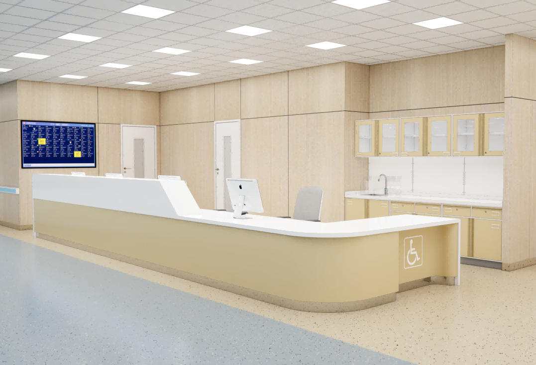 L形的住院楼护士站和门诊楼的分诊台带木纹转印 L形的住院楼护士站和门诊楼的分诊台带木纹转印