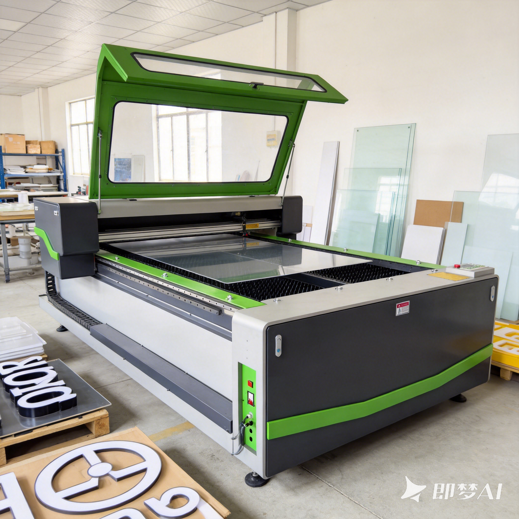 jimeng-2026-08-13-1162-这台高精度CNC CO2激光切割机放置在广告标识加工车间内,周围摆放着亚克力板材... Start with the products, not the laser wattage