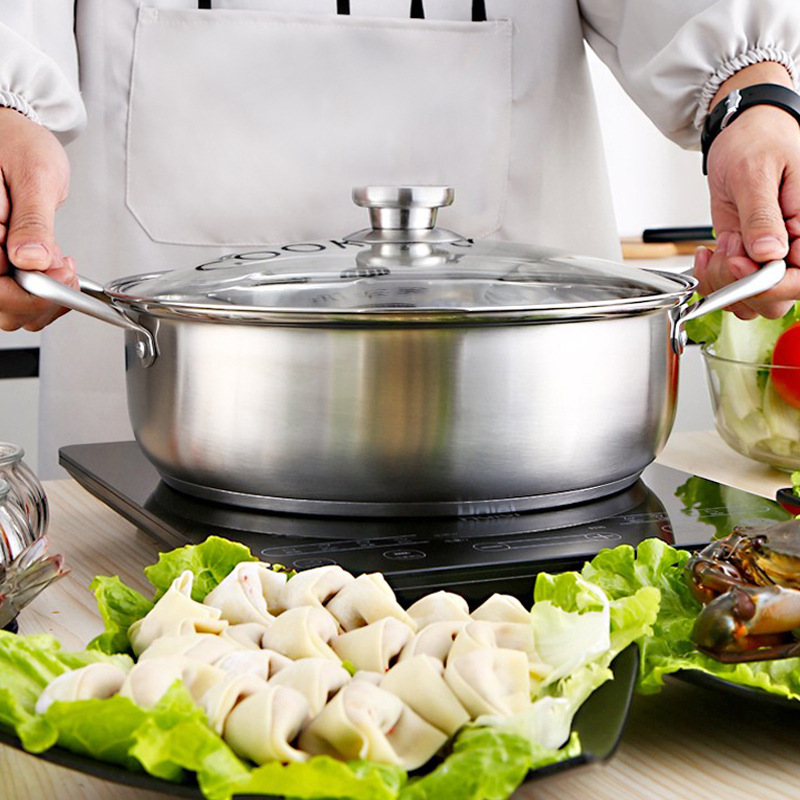 不锈钢无磁汤锅 加厚双柄加高火锅 家用大容量蒸锅边炉锅厨房锅具