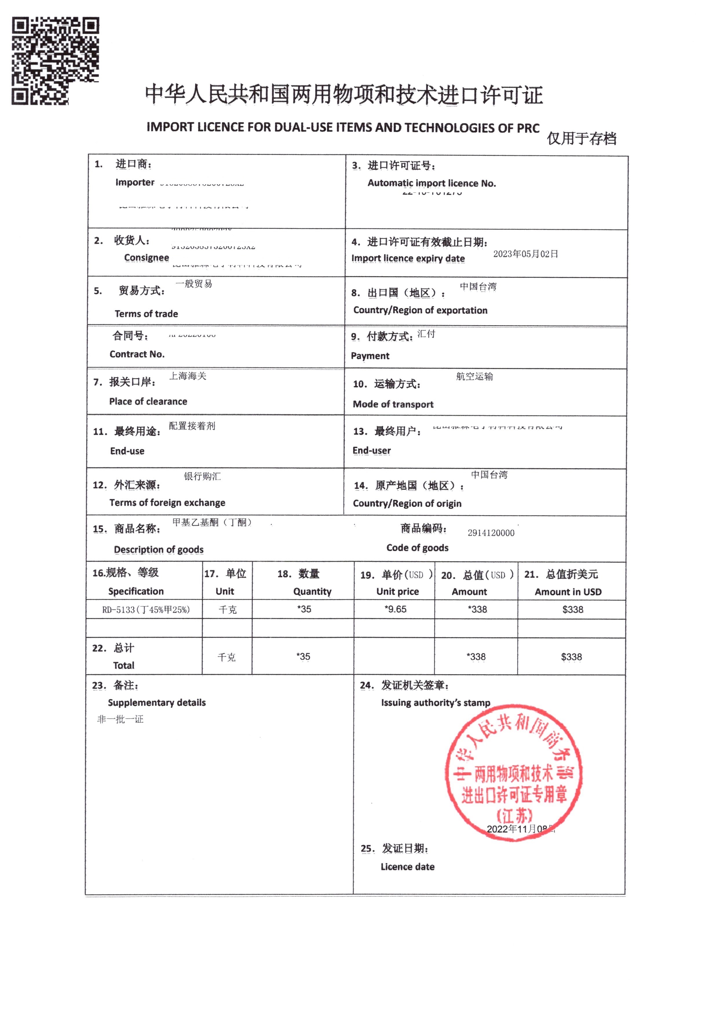 两用物项和技术进口许可证