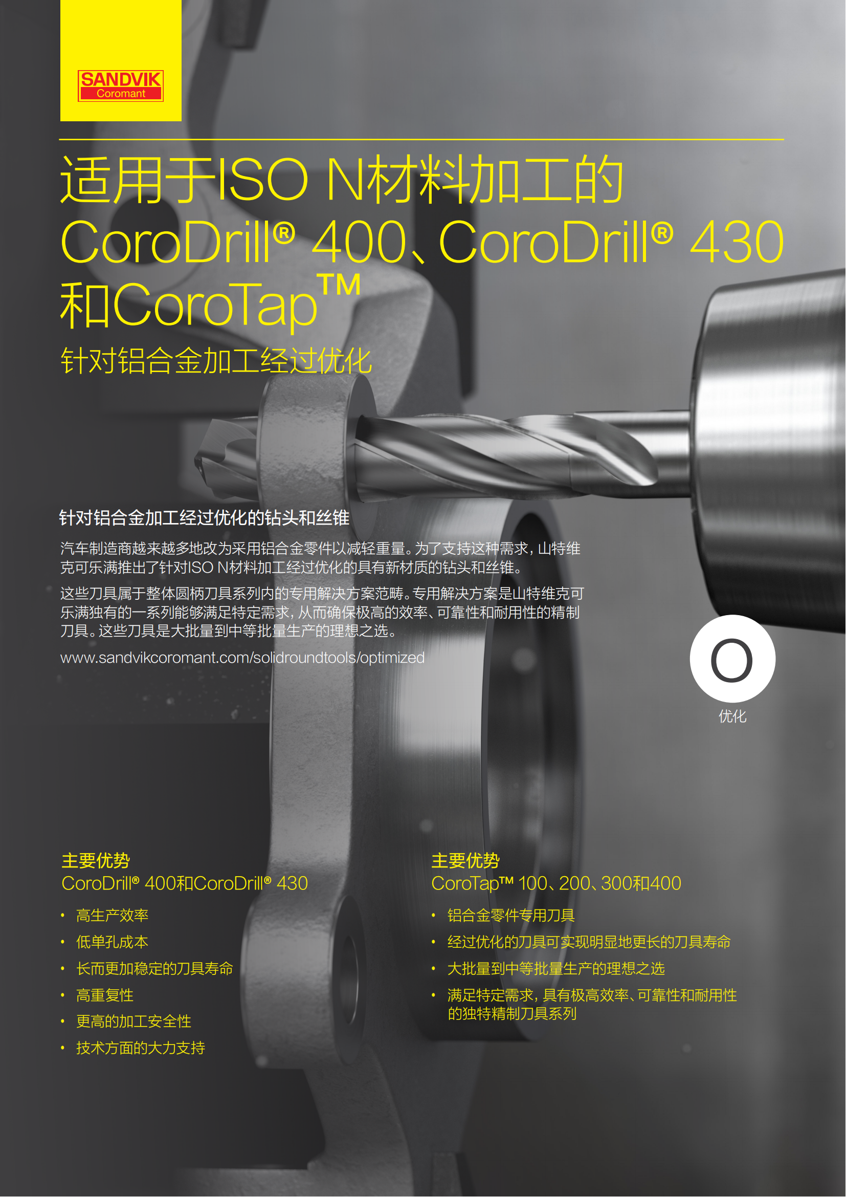 山特维克  适用于ISO N材料加工的CoroDrill-400 CoroDrill-430和CoroTap针对铝合金加工经过优化