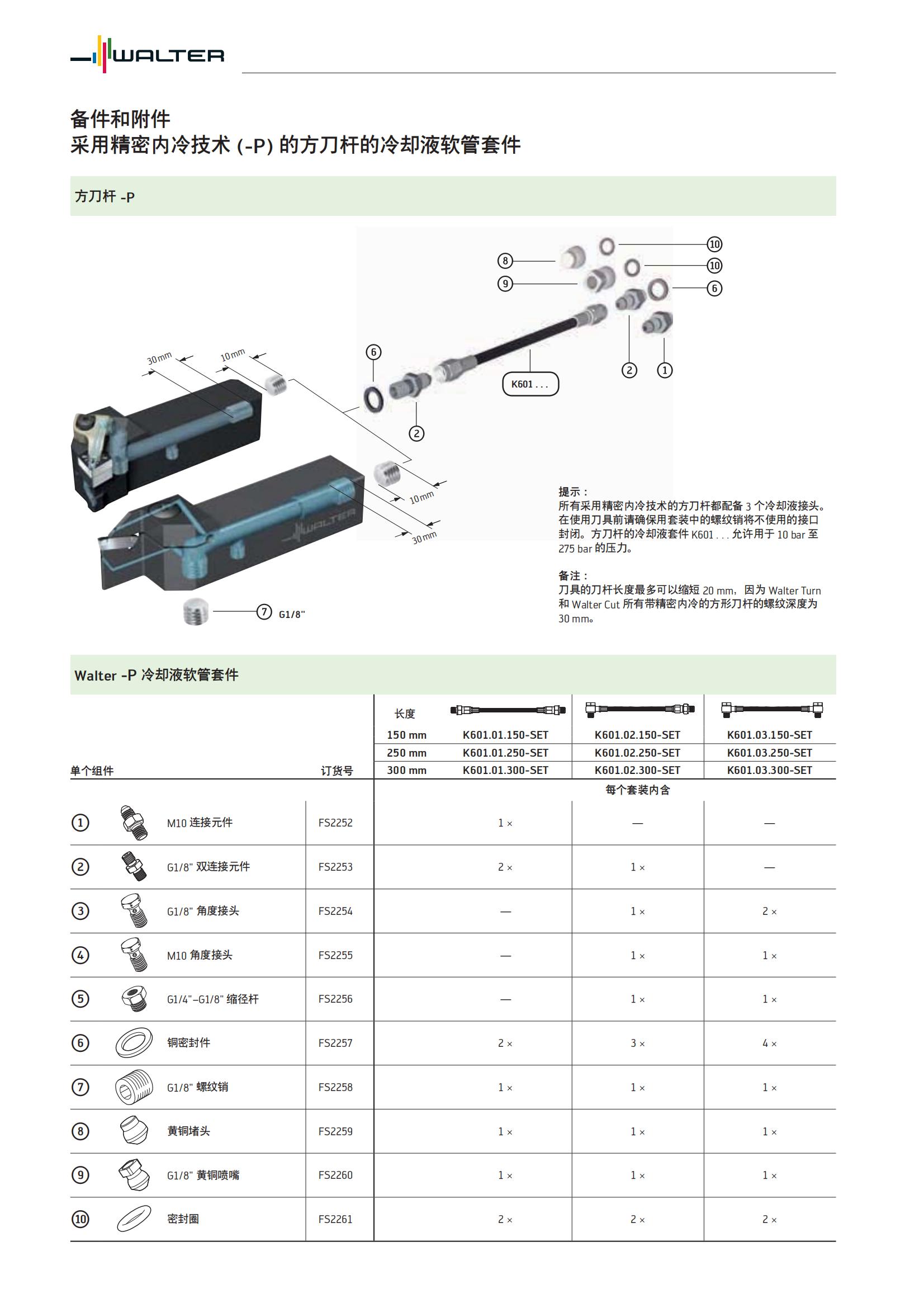 瓦尔特 备件和附件 采用精密内冷技术的方刀杆的冷却液软套管套件