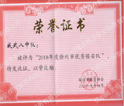 徐州市优秀保安队荣誉证书