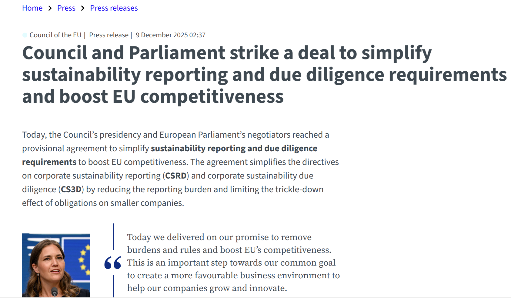 The European Council and Parliament Have Reached an Agreement to Simplify Sustainability Reporting and Due Diligence Requirements, Enhancing the Competitiveness of the EU