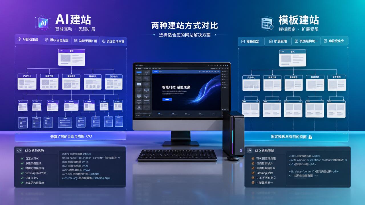 AI建站和模板建站区别是什么？功能、效率与后期SEO对比