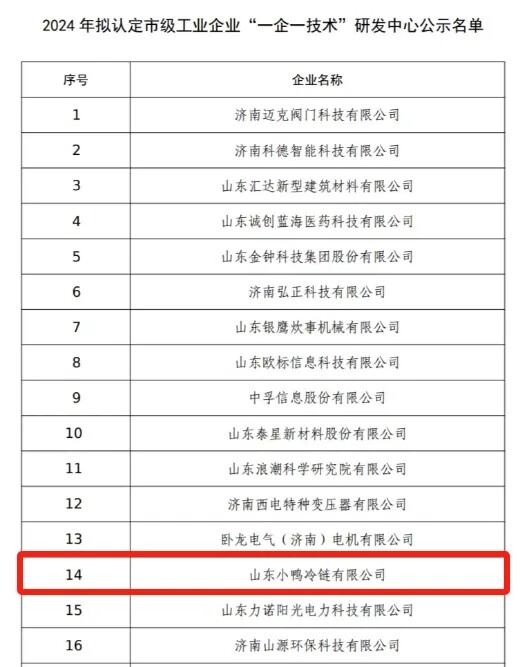 喜报丨小鸭又一企业被认定为2024年济南市工业企业“一企一技术”研发中心