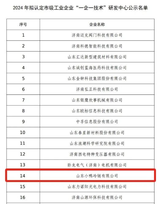 喜报丨小鸭又一企业被认定为2024年济南市工业企业“一企一技术”研发中心