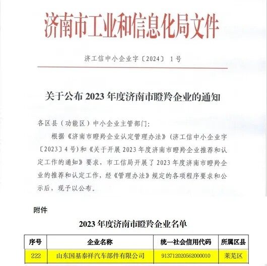 喜报 | 小鸭精工车桥板块获瞪羚企业称号