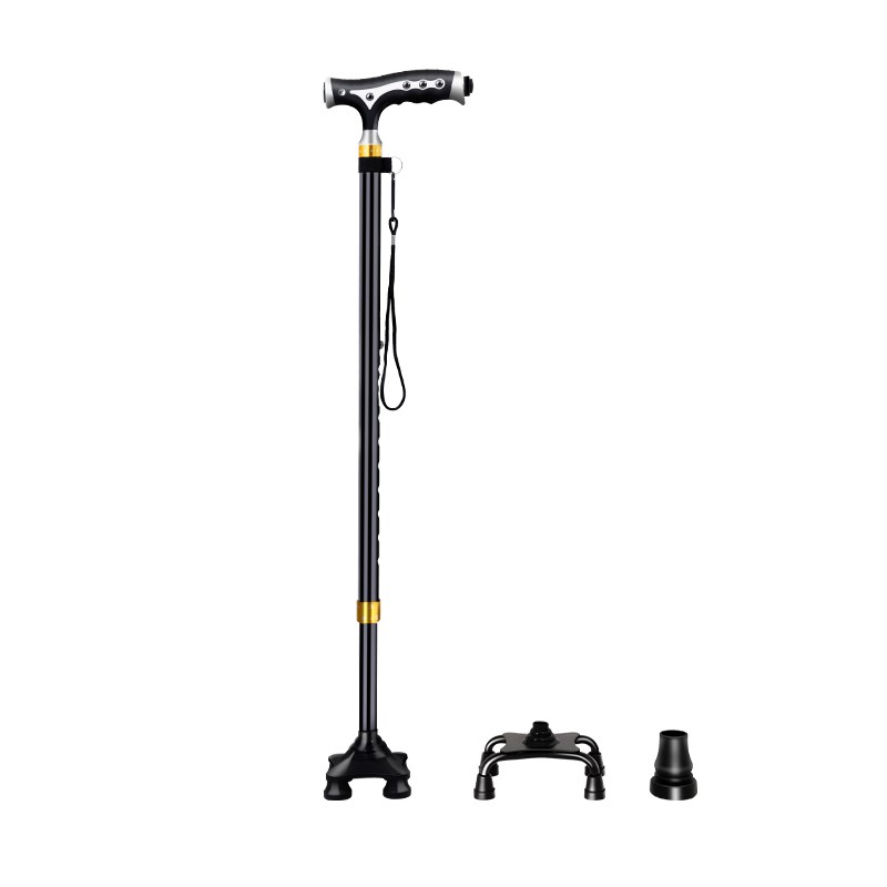 迪赛姆 医用级老人拐杖正方形四脚底座磁石带灯手柄稳固防滑助行拐棍可伸缩铝合金手杖