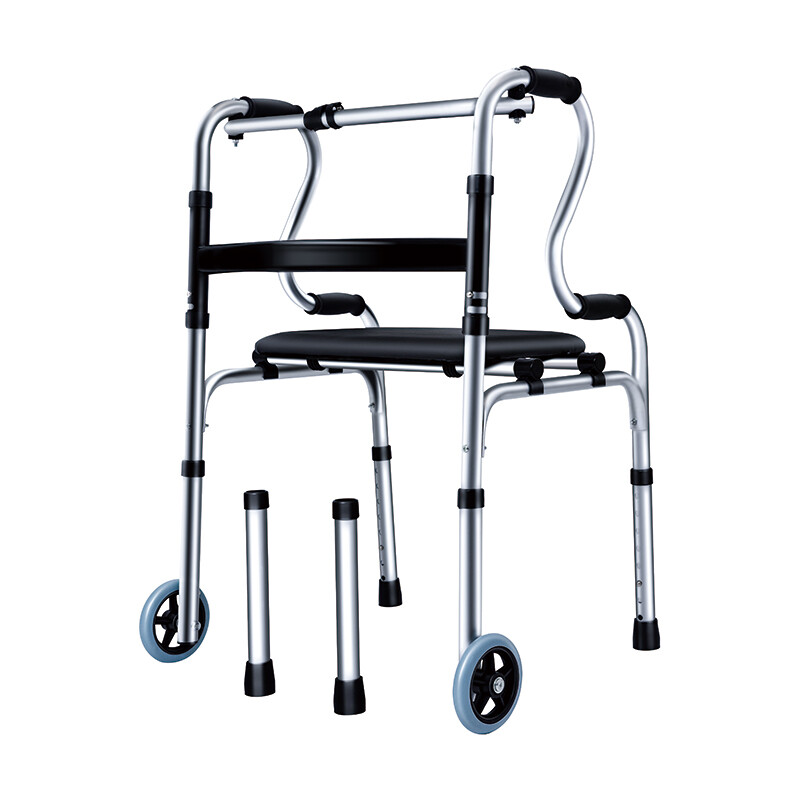 迪赛姆 老人助行器铝合金骨折拐杖残疾人康复助步器医用辅助行走器老年人四角拐棍折叠便携带轮带坐板