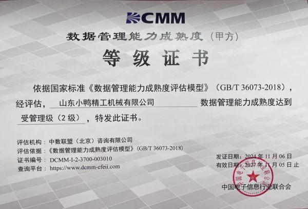 喜报 | 小鸭精工公司荣获DCMM2级证书