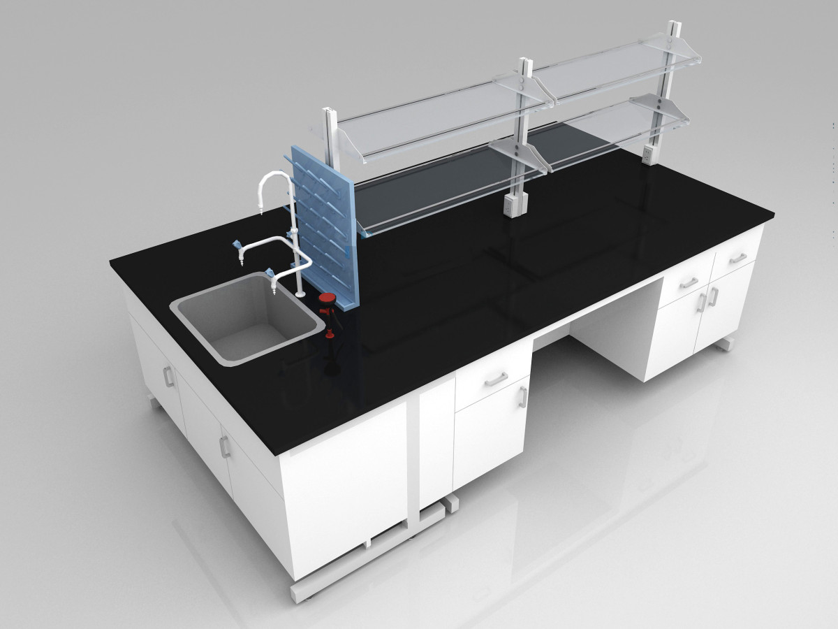 钢架结构的钢制中央实验台 实验室操作柜台 黑色理化板台面白色柜体.jpg