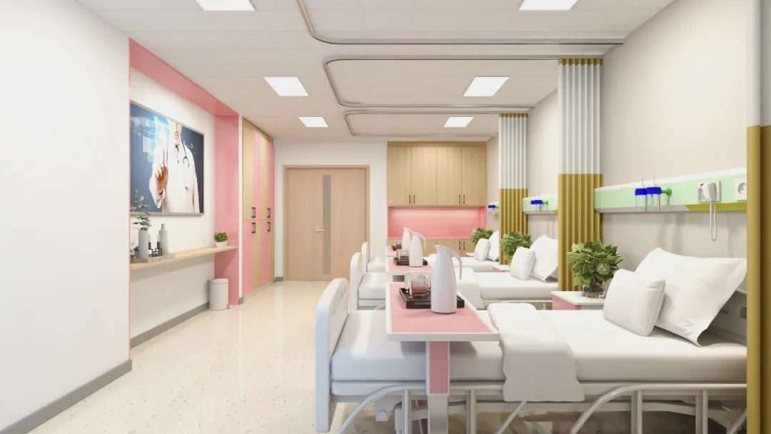 病房区配置了多功能病床、衣柜和床头柜等家具。病床具有升降、