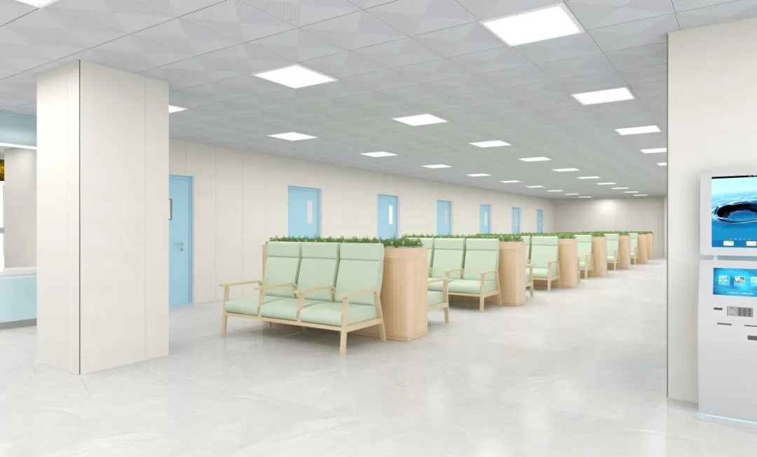 等候区是患者就诊前的短暂休憩地。此处配备色彩柔和的排椅，候诊椅