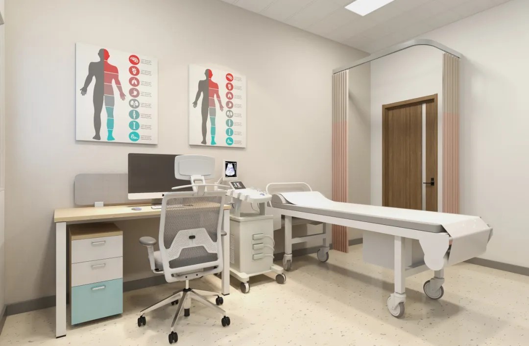 B超心电图室配置了专业的检查床和检查设备操作台。检查床可根据检查需求进行升降和倾斜调节，