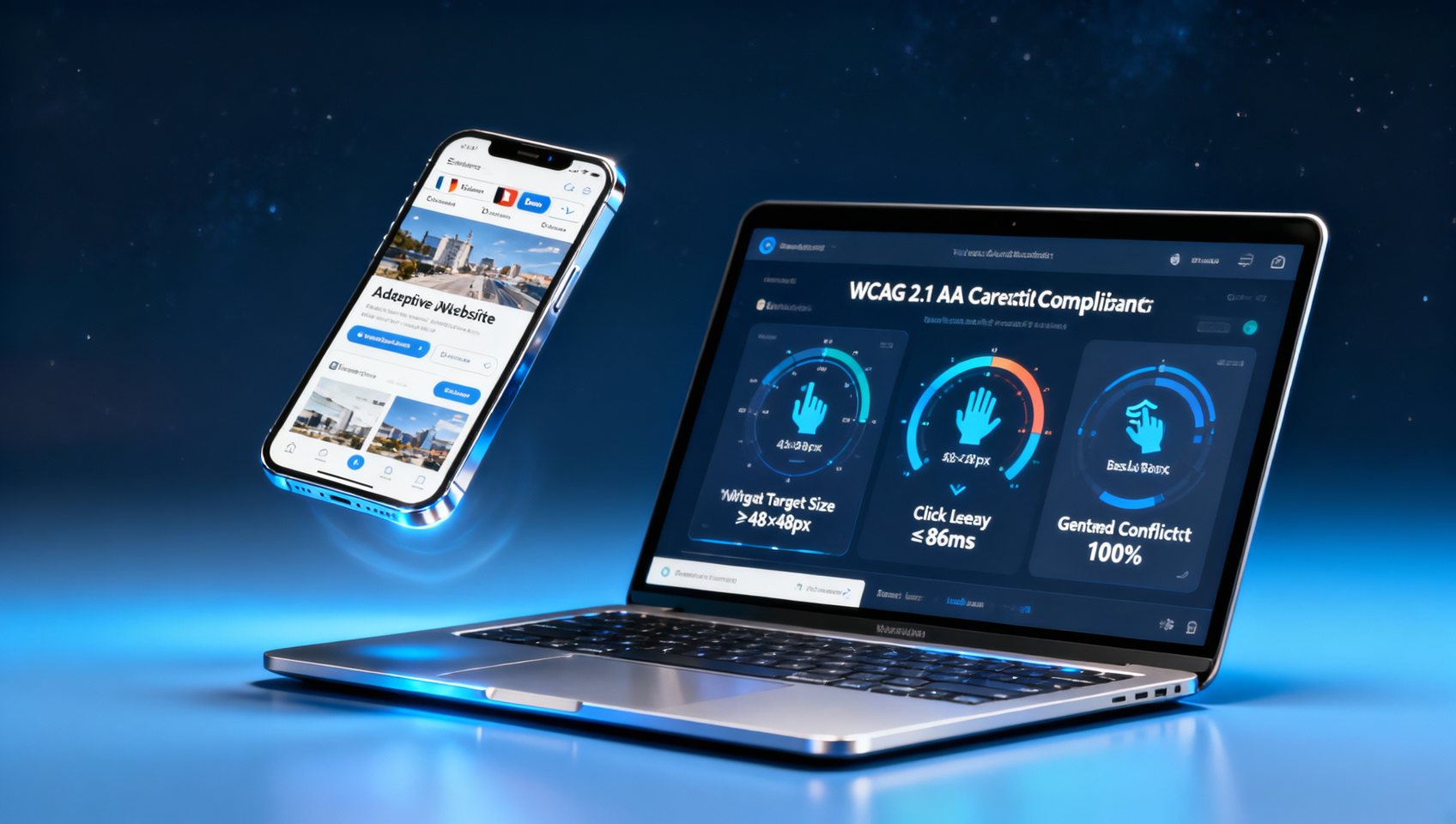 Какая платформа лучше для адаптивного веб-сайта? Основное внимание уделяется взаимодействию на мобильных устройствах — соответствие WCAG 2.1 AA по размерам целей касания, задержке кликов, конфликтам жестов и другим тестам.