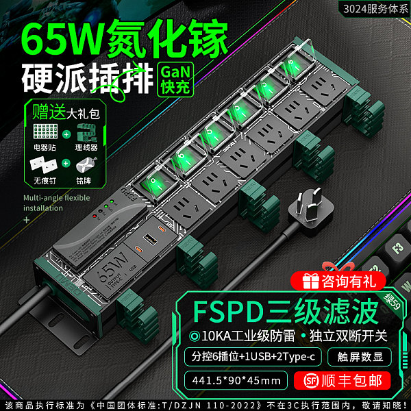 绿色封板绿色开关，2U非标尺寸，左侧进线：250V 10A输入，6位10A国标五孔输出，配置F模块+65W（2C1U）,2米1.5平线+10A国标三脚插头