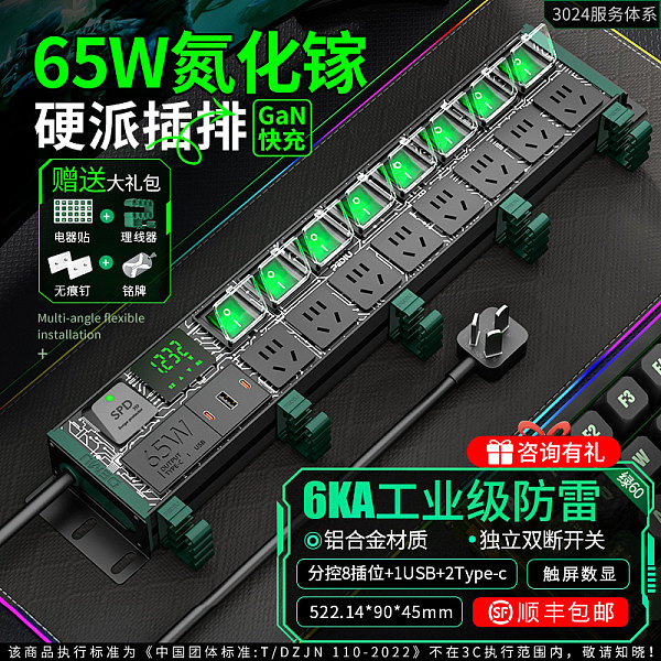 绿色封板绿色开关，2U非标尺寸，左侧进线：250V 10A输入，8位10A国标五孔输出，配置65W（2C1U）+防雷+计量,2米1.5平线+10A国标三脚插头