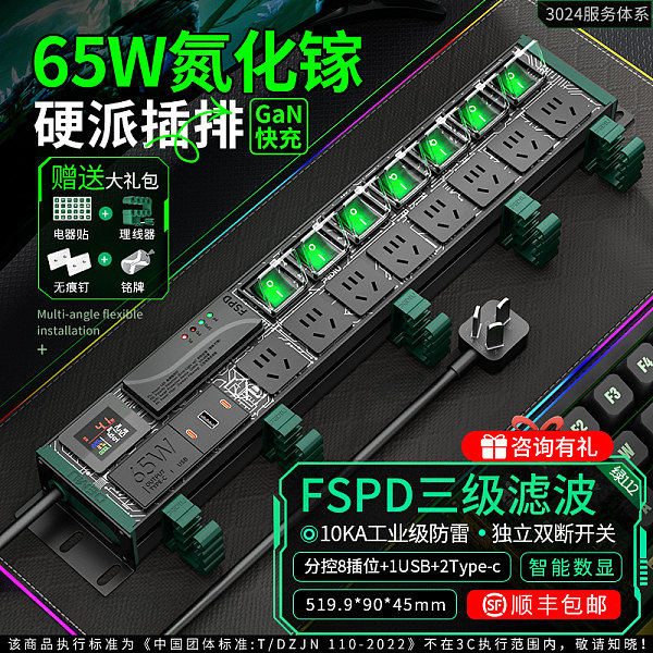 绿色封板绿色开关，2U非标尺寸，左侧进线：250V 10A输入，8位10A国标五孔输出，配置65W（2C1U）+滤波+全显计量,2米1.5平线+10A国标三脚插头