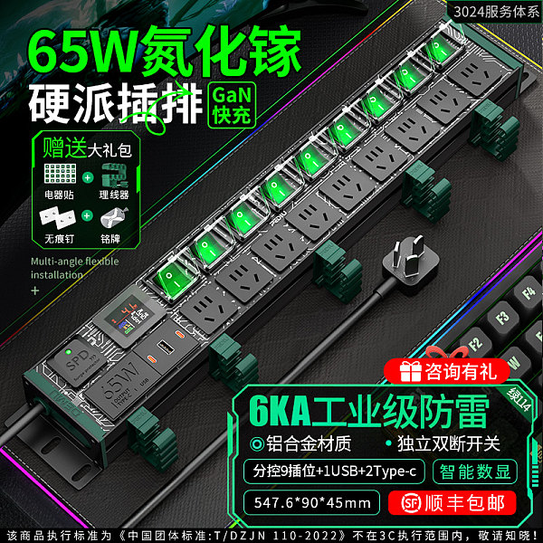 绿色封板绿色开关，2U非标尺寸，左侧进线：250V 10A输入，9位10A国标五孔输出，配置65W（2C1U）+防雷+全显计量,2米1.5平线+10A国标三脚插头