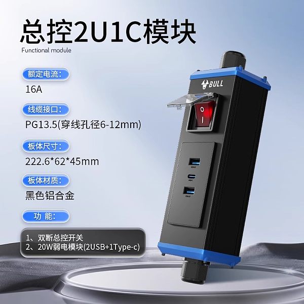 公牛1.5U-16A双断开关+1位Ut20(2U1C)【连接器】