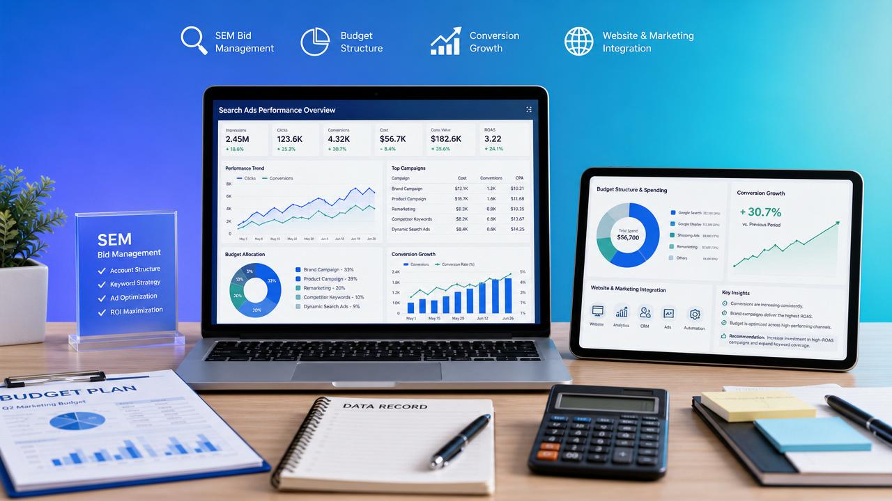 كيف تُحتسب رسوم استضافة SEM المنافسة؟ تحليل أنماط الخدمة الشائعة وتخصيص الميزانية