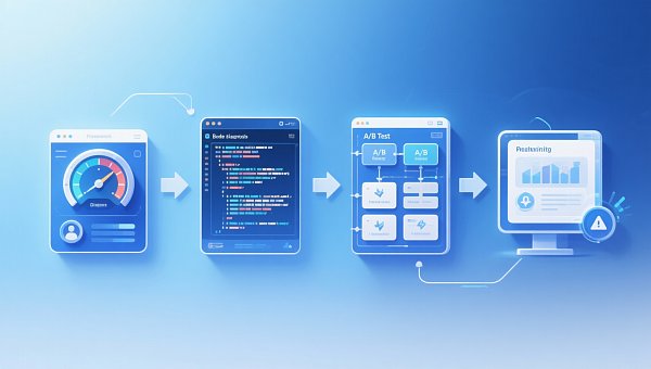 Schéma du processus du service d'accélération et d'optimisation des performances des sites Web pour les fournisseurs de services du Guangdong : Diagnostic de référence des performances → Identification des goulots d'étranglement → Déploiement des tests A/B → Surveillance en boucle fermée 24 heures sur 24, 7 jours sur 7