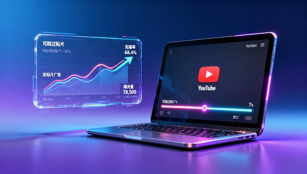 YouTube广告投放中‘非贴片广告’曝光量大，但‘可跳过贴片’完播率更高——采购决策者更愿看完整方案