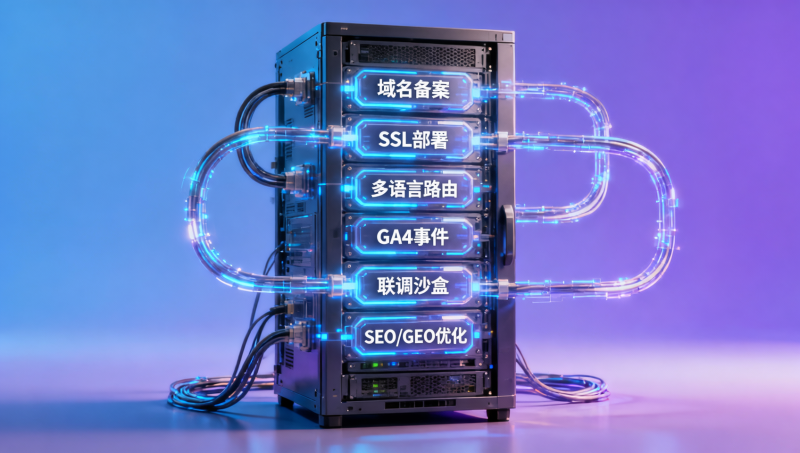 Explicación detallada en 7 pasos del proceso de creación de un sitio web B2B de comercio exterior: registro del dominio → implementación de SSL → enrutamiento multilingüe → etiquetado del formulario de consultas → seguimiento de eventos de GA4