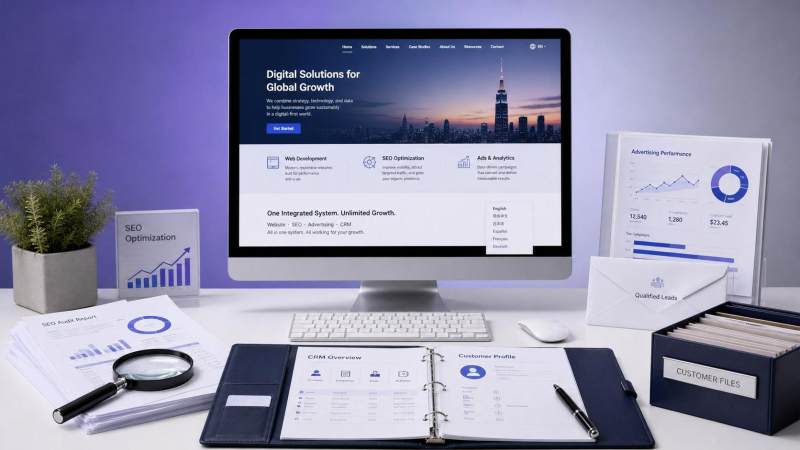 ¿Qué módulos incluye una solución para sitios web de comercio exterior? ¿Cómo conectar creación de sitios, SEO, anuncios y CRM?