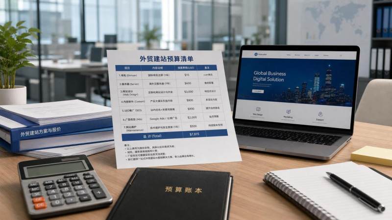 ¿Qué incluye el desglose de la lista para crear un sitio web de comercio exterior？Dominio、servidor、contenido y presupuesto de promoción en una sola tabla
