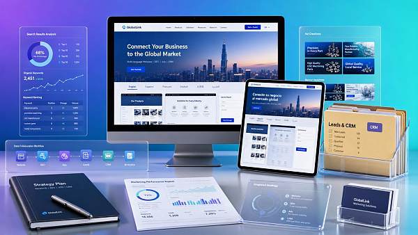 Welche Module umfasst die Lösung für eine Außenhandels-Website? Wie greifen Website-Erstellung, SEO, Werbung und CRM ineinander